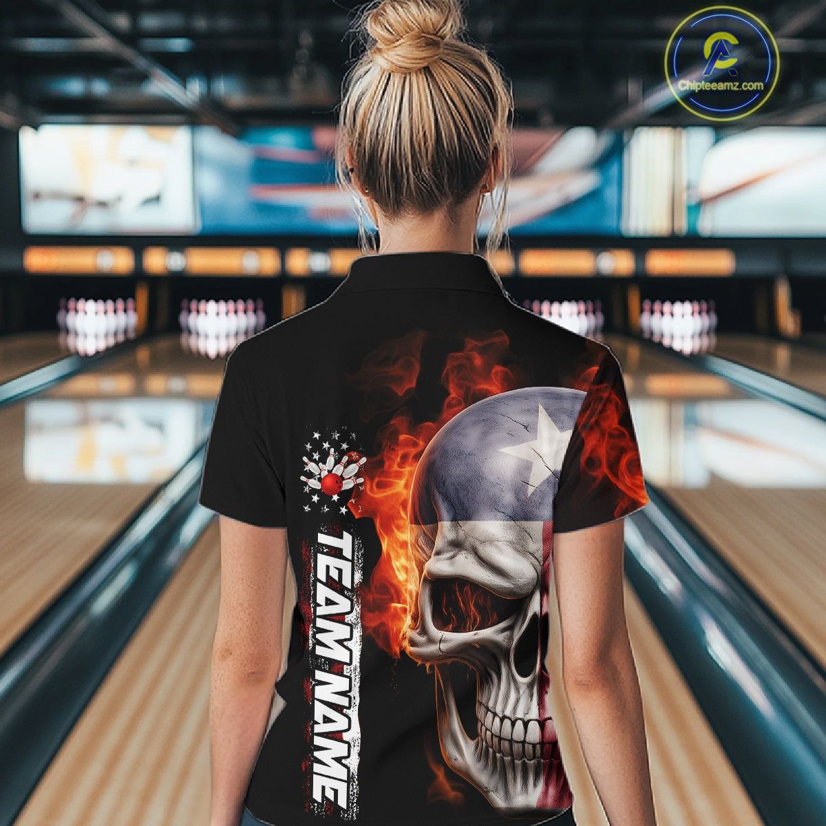 Custom Flame Skull American Texas Flag Women Bowling Shirt, Patriotic Bowling Jerseys IPHW10635