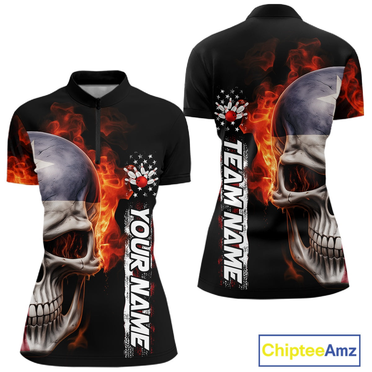 Custom Flame Skull American Texas Flag Women Bowling Shirt, Patriotic Bowling Jerseys IPHW10635