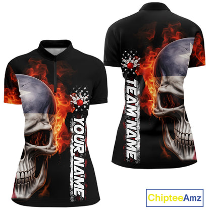 Custom Flame Skull American Texas Flag Women Bowling Shirt, Patriotic Bowling Jerseys IPHW10635