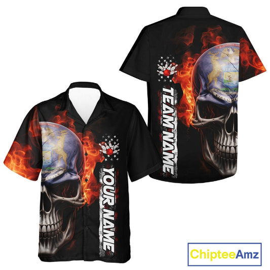 Custom Flame Skull American Michigan Flag Men And Women Bowling Team Shirt, Patriotic Bowling Jersey IPHW10636
