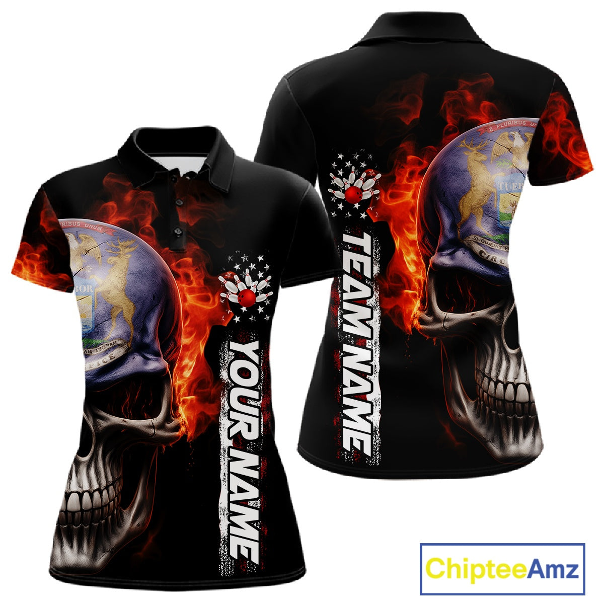 Custom Flame Skull American Michigan Flag Women Bowling Team Shirt, Patriotic Bowling Jersey IPHW10636