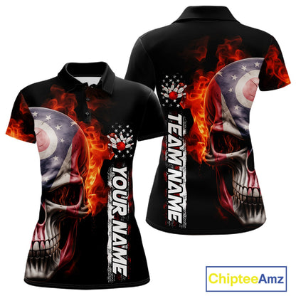 Custom Flame Skull American Ohio Flag Women Bowling Team Shirt, Patriotic Bowling Jersey IPHW10637