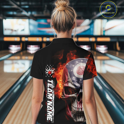 Custom Flame Skull American Ohio Flag Women Bowling Team Shirt, Patriotic Bowling Jersey IPHW10637