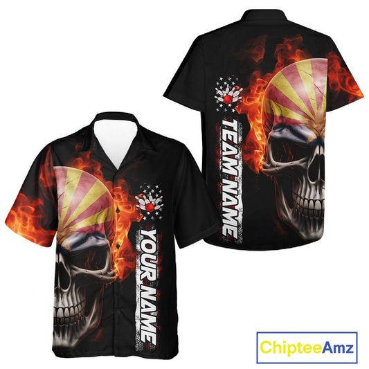 Custom Flame Skull American Arizona Flag Men And Women Bowling Team Shirt, Patriotic Bowling Jersey IPHW10638
