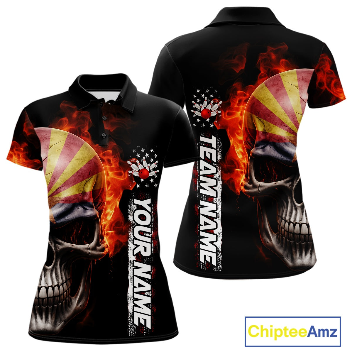 Custom Flame Skull American Arizona Flag Women Bowling Team Shirt, Patriotic Bowling Jersey IPHW10638