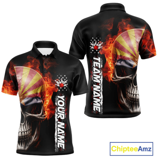 Custom Flame Skull American Arizona Flag Men Bowling Team Shirt, Patriotic Bowling Jersey IPHW10638