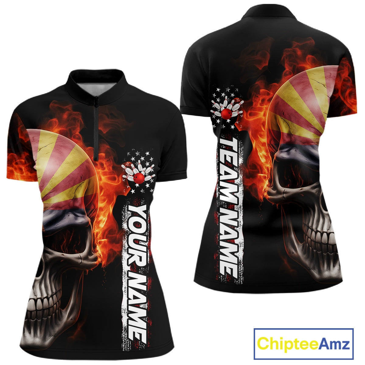 Custom Flame Skull American Arizona Flag Women Bowling Shirt, Patriotic Bowling Jersey IPHW10638