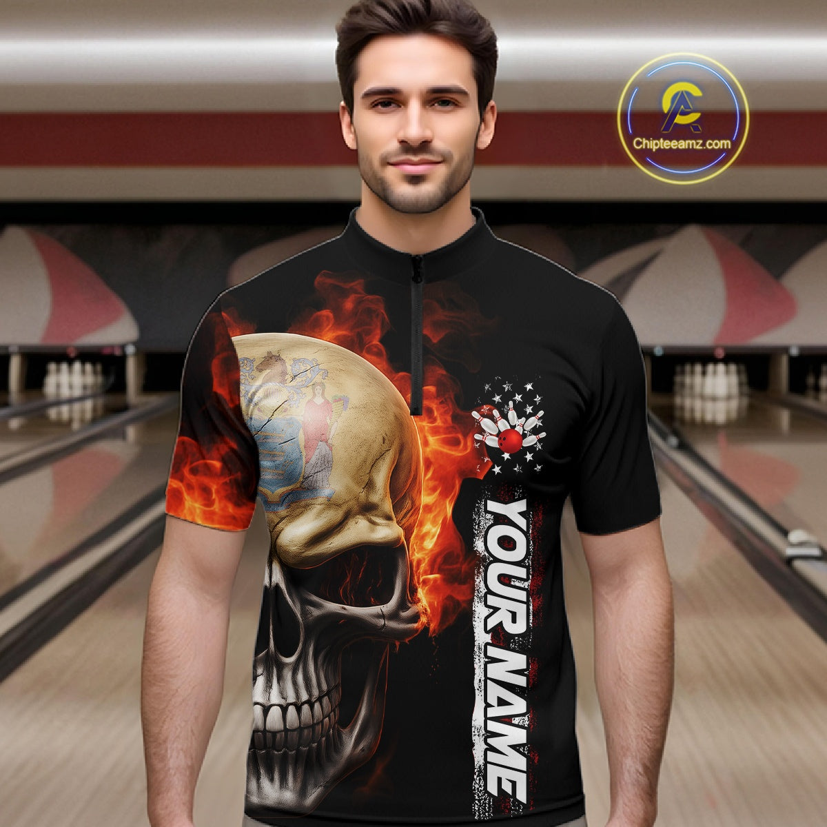 Custom Flame Skull American New Jersey Flag Men Bowling Shirt, Patriotic Bowling Shirt IPHW10639