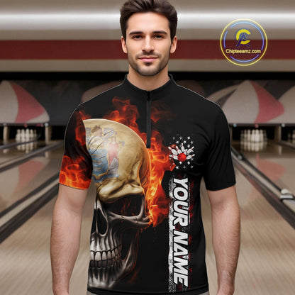 Custom Flame Skull American New Jersey Flag Men Bowling Shirt, Patriotic Bowling Shirt IPHW10639