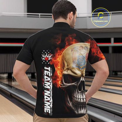 Custom Flame Skull American New Jersey Flag Men Bowling Shirt, Patriotic Bowling Shirt IPHW10639