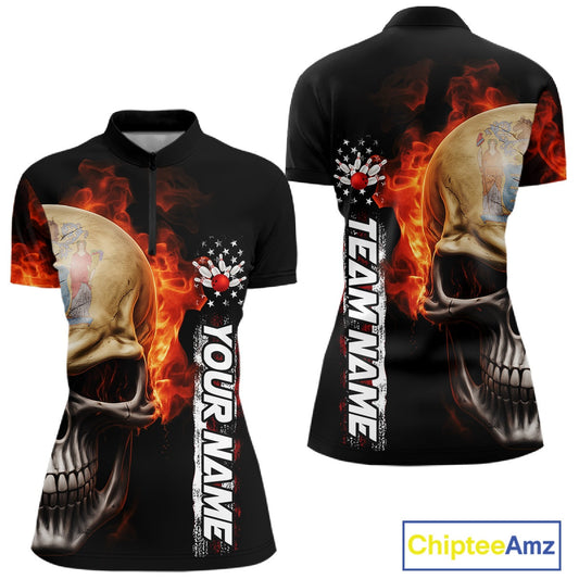Custom Flame Skull American New Jersey Flag Women Bowling Shirt, Patriotic Bowling Shirt IPHW10639