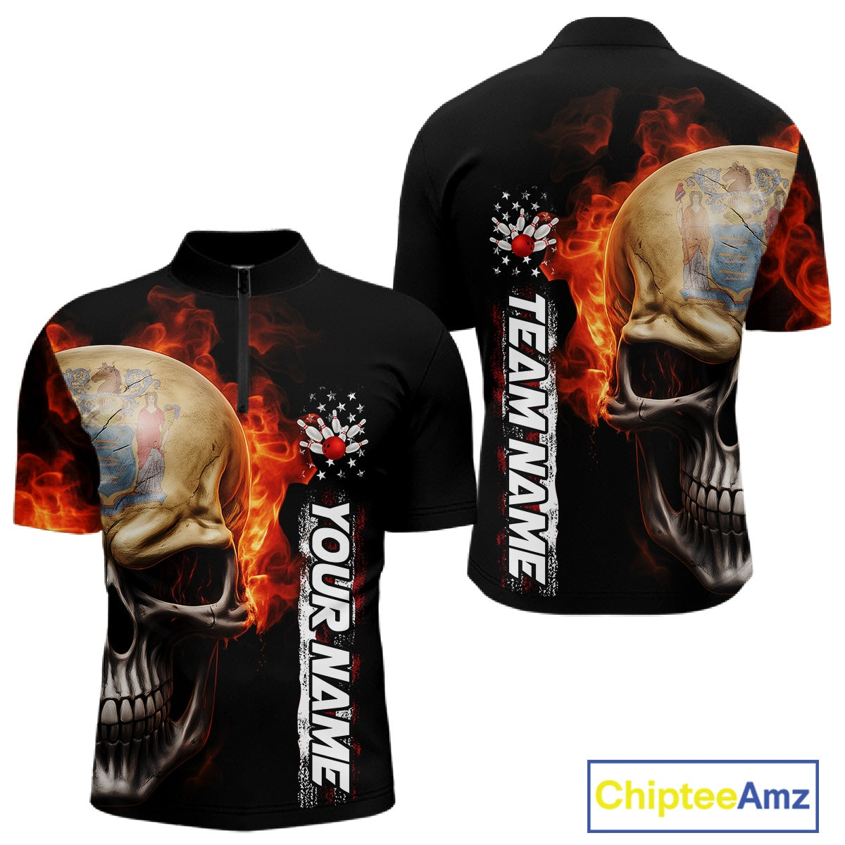 Custom Flame Skull American New Jersey Flag Men Bowling Shirt, Patriotic Bowling Shirt IPHW10639