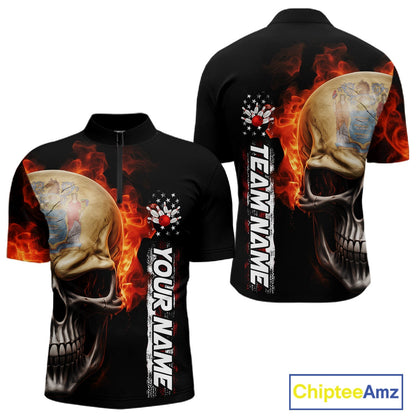 Custom Flame Skull American New Jersey Flag Men Bowling Shirt, Patriotic Bowling Shirt IPHW10639