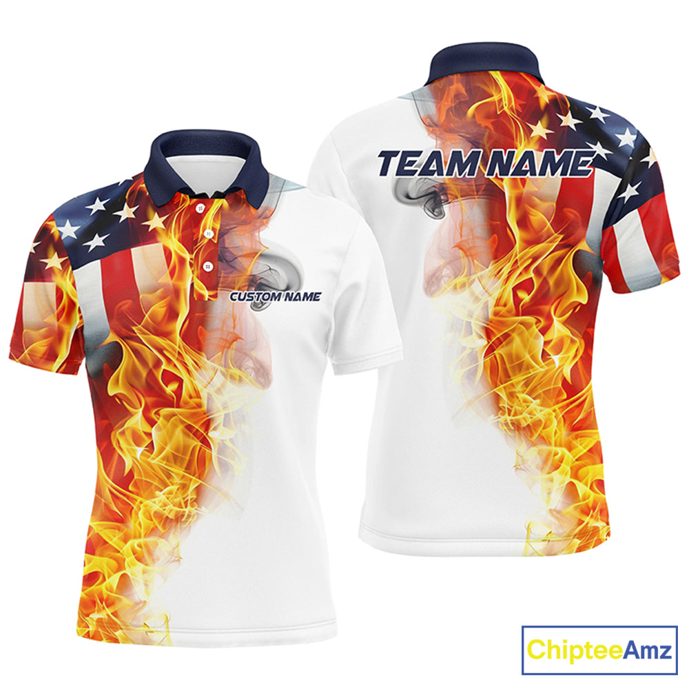 Flame American Flag Custom Polo  /Quarter-Zip Shirts For Men Women, Patriotic Bowling Team Jersey IPHW5984