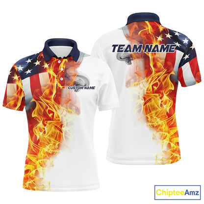 Flame American Flag Custom Polo  /Quarter-Zip Shirts For Men Women, Patriotic Bowling Team Jersey IPHW5984