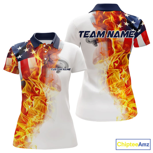 Flame American Flag Custom Polo Shirts For Women, Patriotic Bowling Team Jersey IPHW5984