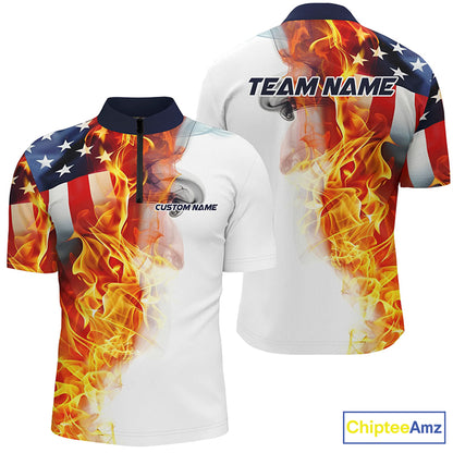 Flame American Flag Custom Polo  /Quarter-Zip Shirts For Men Women, Patriotic Bowling Team Jersey IPHW5984