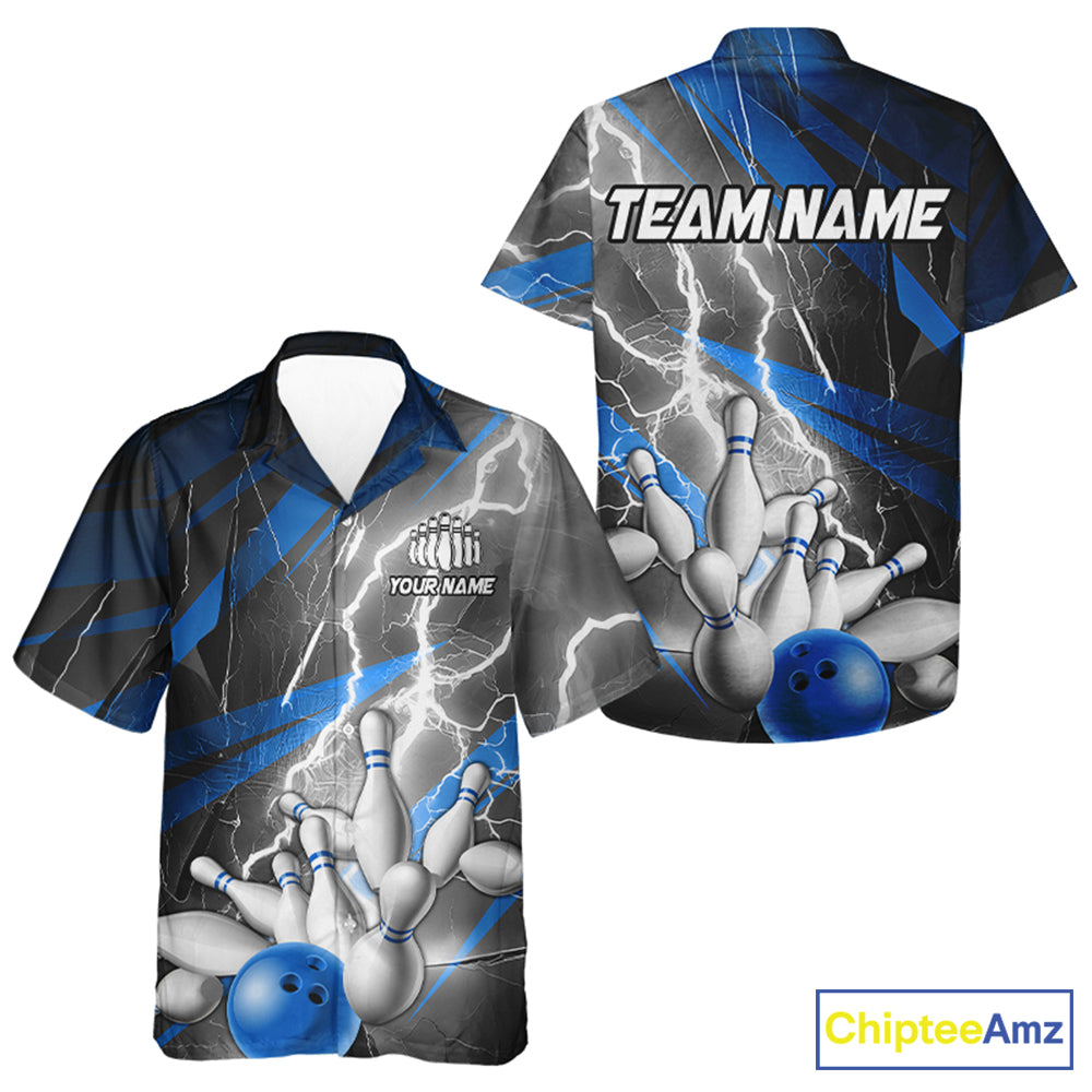 Blue Thunder Lightning Custom Bowling Team Jersey, Team Bowling Hawaiian Shirts For Men IPHW5991