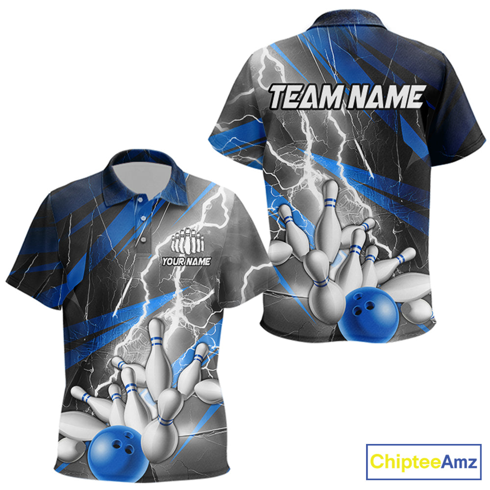 Blue Thunder Lightning Custom Bowling Team Jersey, Team Bowling Polo Shirts For Kid IPHW5991