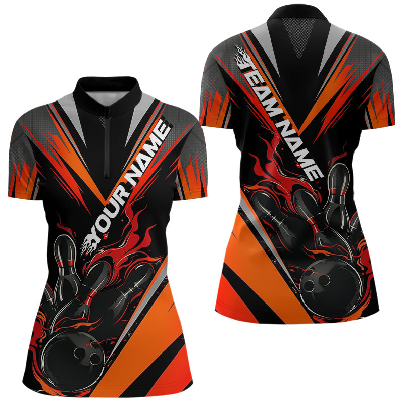 Custom Black And Red Flame Bowling Women Quarter-Zip Shirts, Bowling Tournament Team Outfit IPHW8773