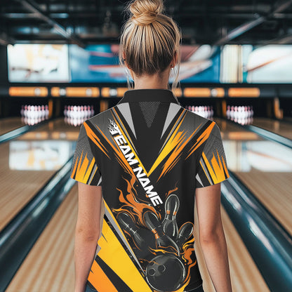 Custom Black And Yellow Flame Bowling Women Polo Shirts, Bowling Tournament Team Outfits IPHW8774