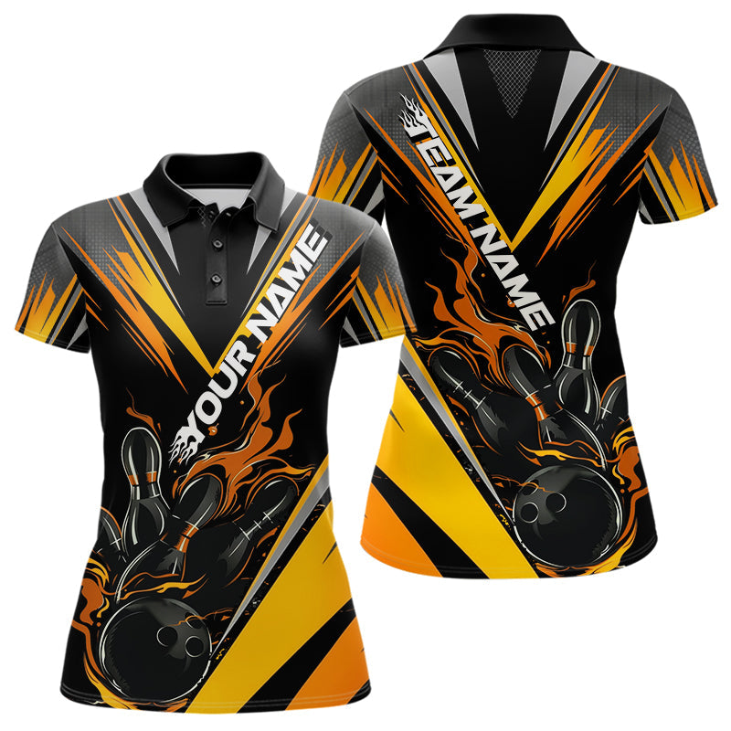 Custom Black And Yellow Flame Bowling Women Polo Shirts, Bowling Tournament Team Outfits IPHW8774