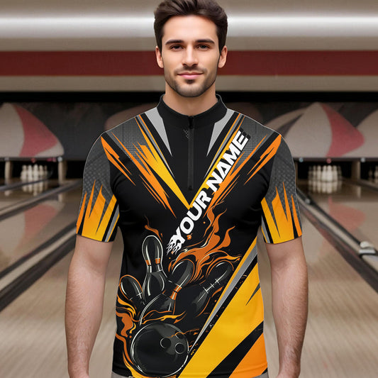 Custom Black And Yellow Flame Bowling Men Quarter-Zip Shirts, Fire Bowling Tournament Team Outfits IPHW8774