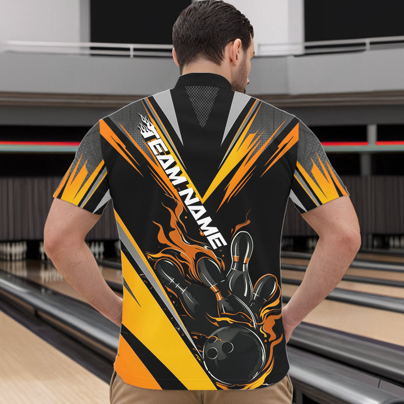 Custom Black And Yellow Flame Bowling Men Quarter-Zip Shirts, Fire Bowling Tournament Team Outfits IPHW8774