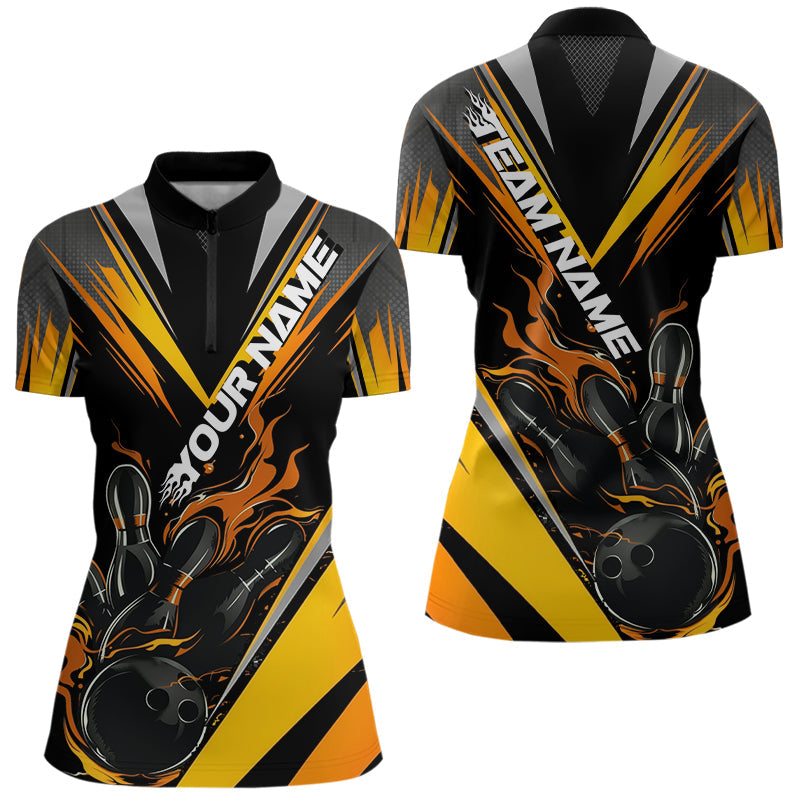 Custom Black And Yellow Flame Bowling Women Quarter-Zip Shirts, Bowling Tournament Outfit IPHW8774