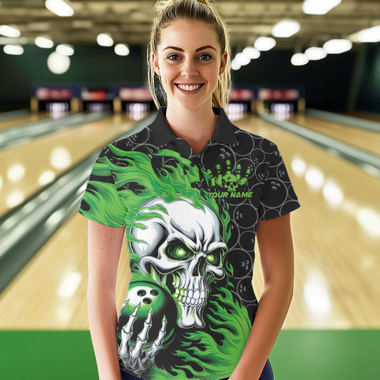 Custom Black And Green Flame Skull Bowling Women Polo Shirts, Halloween Bowling Outfit IPHW8775