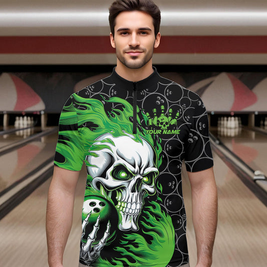 Custom Black And Green Flame Skull Bowling Men Quarter-Zip Shirts, Skull Halloween Bowling Outfit IPHW8775