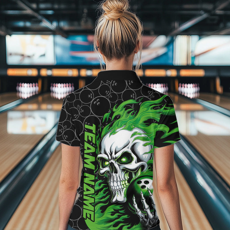 Custom Black And Green Flame Skull Bowling Women Quarter-Zip Shirt, Halloween Team Outfit IPHW8775