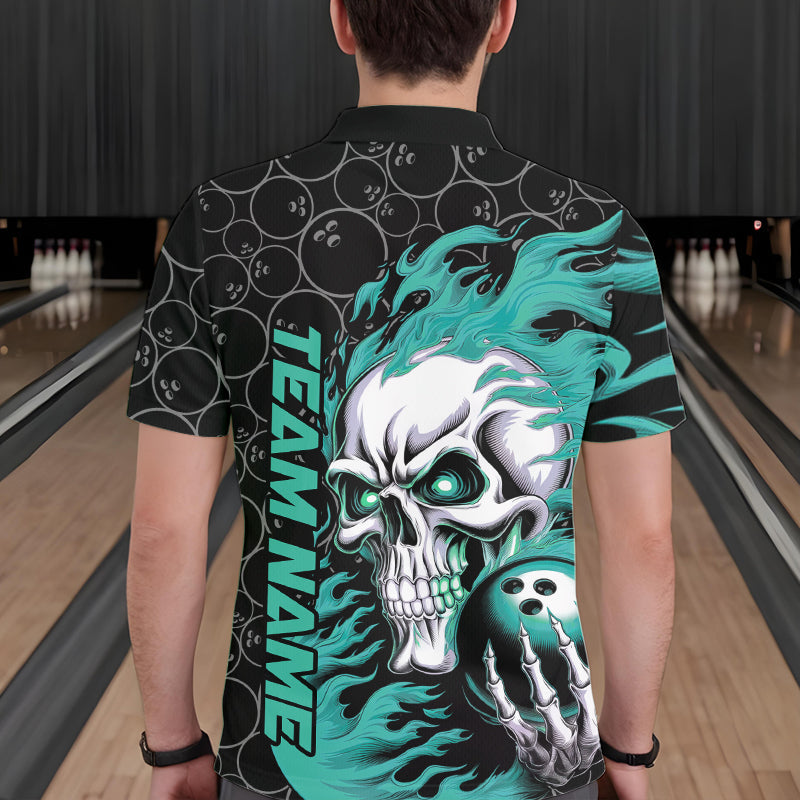 Custom Black And Blue Flame Skull Bowling Men Polo Shirts, Skull Halloween Bowling Outfit IPHW8776