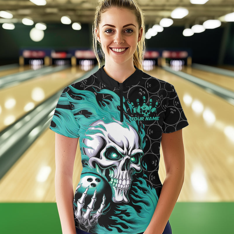 Custom Black And Blue Flame Skull Bowling Women Quarter-Zip Shirts, Halloween Team Outfit IPHW8776