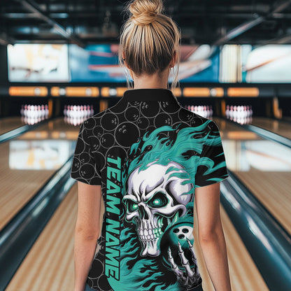 Custom Black And Blue Flame Skull Bowling Women Quarter-Zip Shirts, Halloween Team Outfit IPHW8776