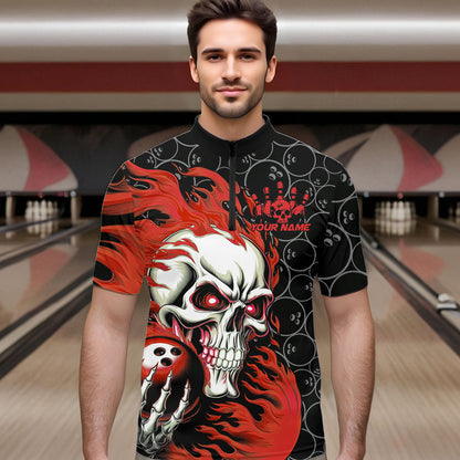 Custom Black And Red Flame Skull Bowling Men Quarter-Zip Shirts, Skull Halloween Bowling Outfit IPHW8777
