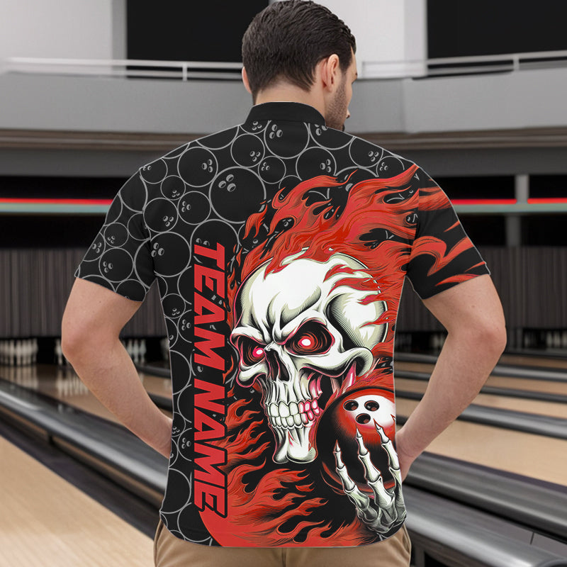 Custom Black And Red Flame Skull Bowling Men Quarter-Zip Shirts, Skull Halloween Bowling Outfit IPHW8777