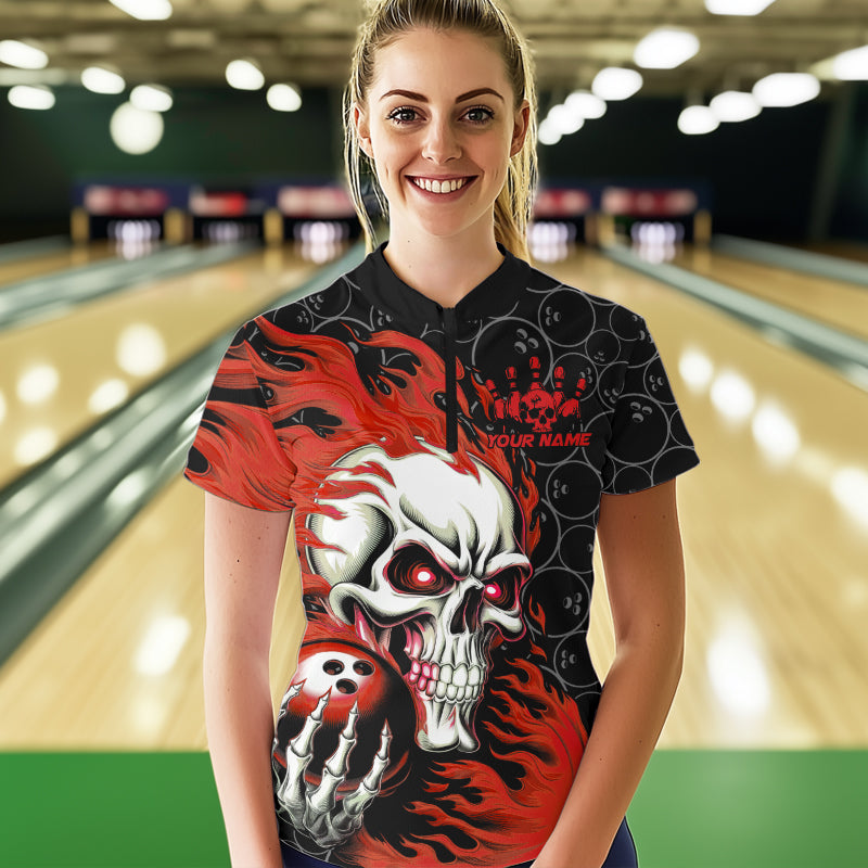 Custom Black And Red Flame Skull Bowling Women Quarter-Zip Shirts, Halloween Bowling Outfit IPHW8777