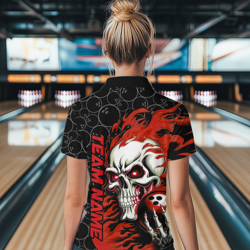Custom Black And Red Flame Skull Bowling Women Quarter-Zip Shirts, Halloween Bowling Outfit IPHW8777