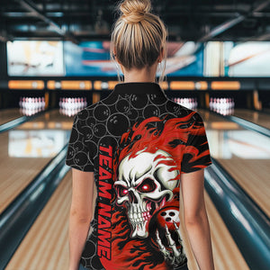 Custom Black And Red Flame Skull Bowling Women Quarter-Zip Shirts, Halloween Bowling Outfit IPHW8777