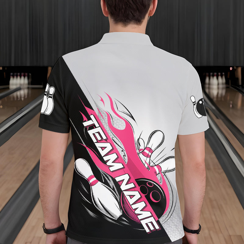 Custom Pink Flame Strike Bowling Men Polo Shirts, Bowling Team Uniform Bowling League Shirt IPHW8778