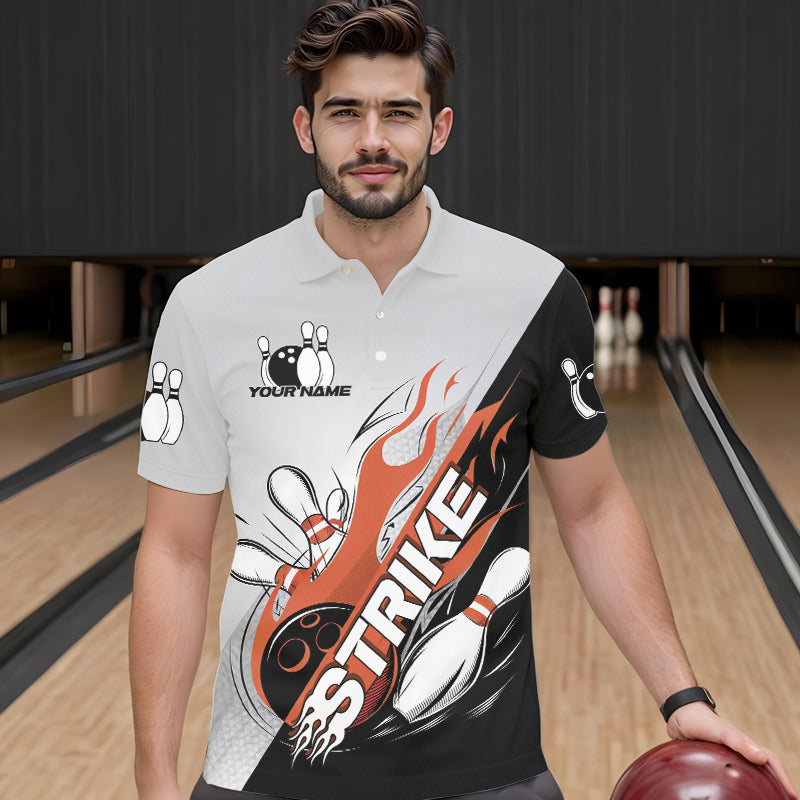 Custom Orange Flame Strike Bowling Men Polo Shirts, Bowling Team Uniform Bowling League Shirt IPHW8779