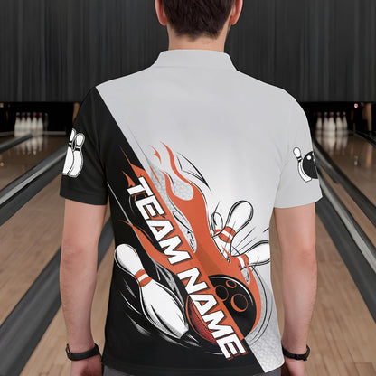 Custom Orange Flame Strike Bowling Men Polo Shirts, Bowling Team Uniform Bowling League Shirt IPHW8779