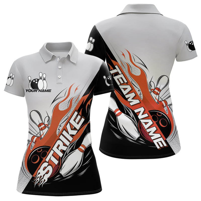 Custom Orange Flame Strike Bowling Women Polo Shirts, Team Uniform Bowling League Shirt IPHW8779