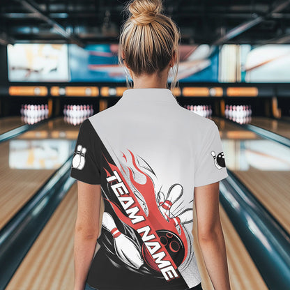 Custom Red Flame Strike Bowling Women Polo Shirts, Team Uniform Bowling League Shirt IPHW8780