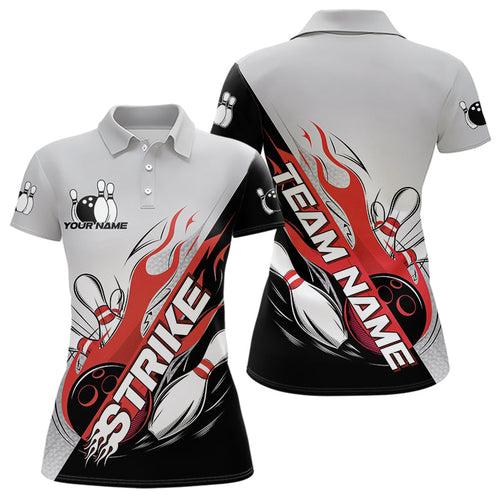 Custom Red Flame Strike Bowling Women Polo Shirts, Team Uniform Bowling League Shirt IPHW8780