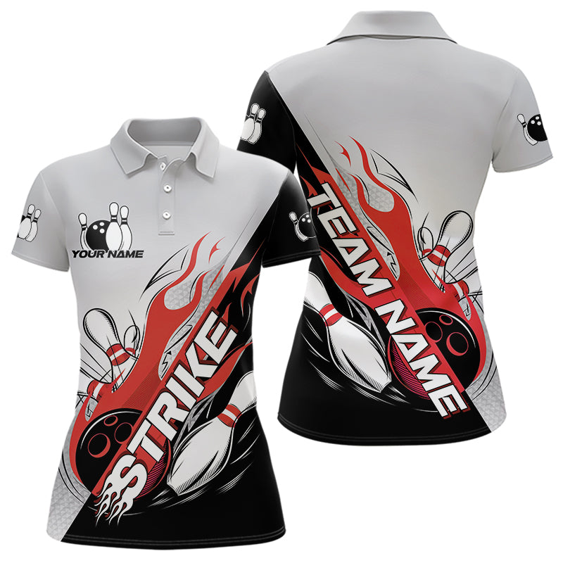 Custom Red Flame Strike Bowling Women Polo Shirts, Team Uniform Bowling League Shirt IPHW8780
