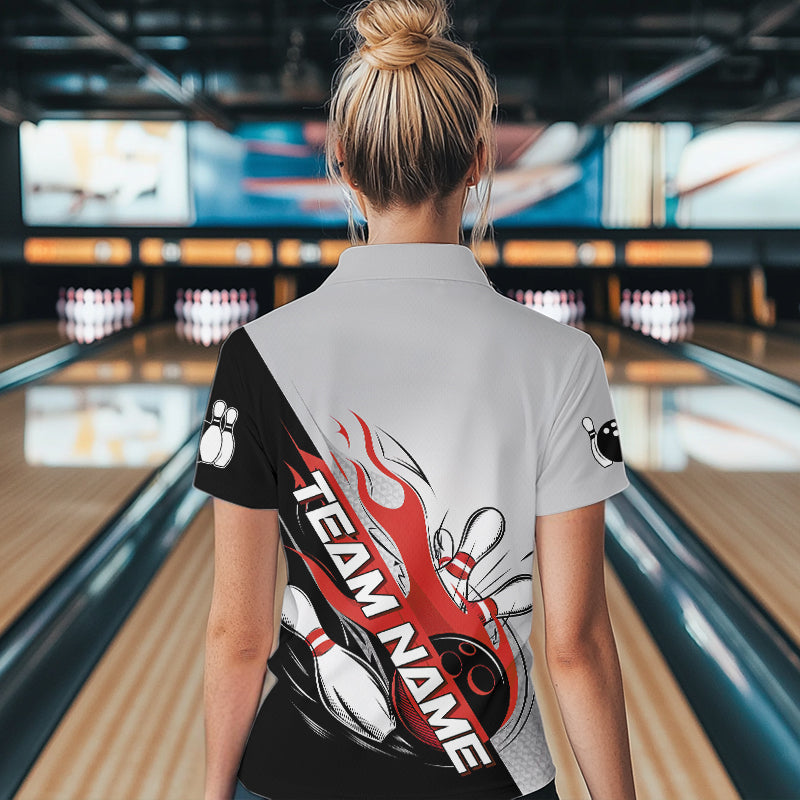 Custom Red Flame Strike Bowling Women Quarter-Zip Shirts, Team Uniform Bowling League Shirt IPHW8780