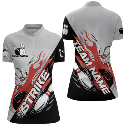 Custom Red Flame Strike Bowling Women Quarter-Zip Shirts, Team Uniform Bowling League Shirt IPHW8780
