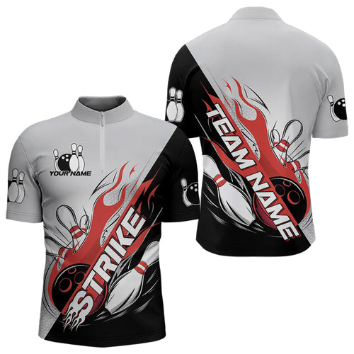 Custom Red Flame Strike Bowling Men Quarter-Zip Shirts, Bowling Team Uniform Bowling League Shirt IPHW8780